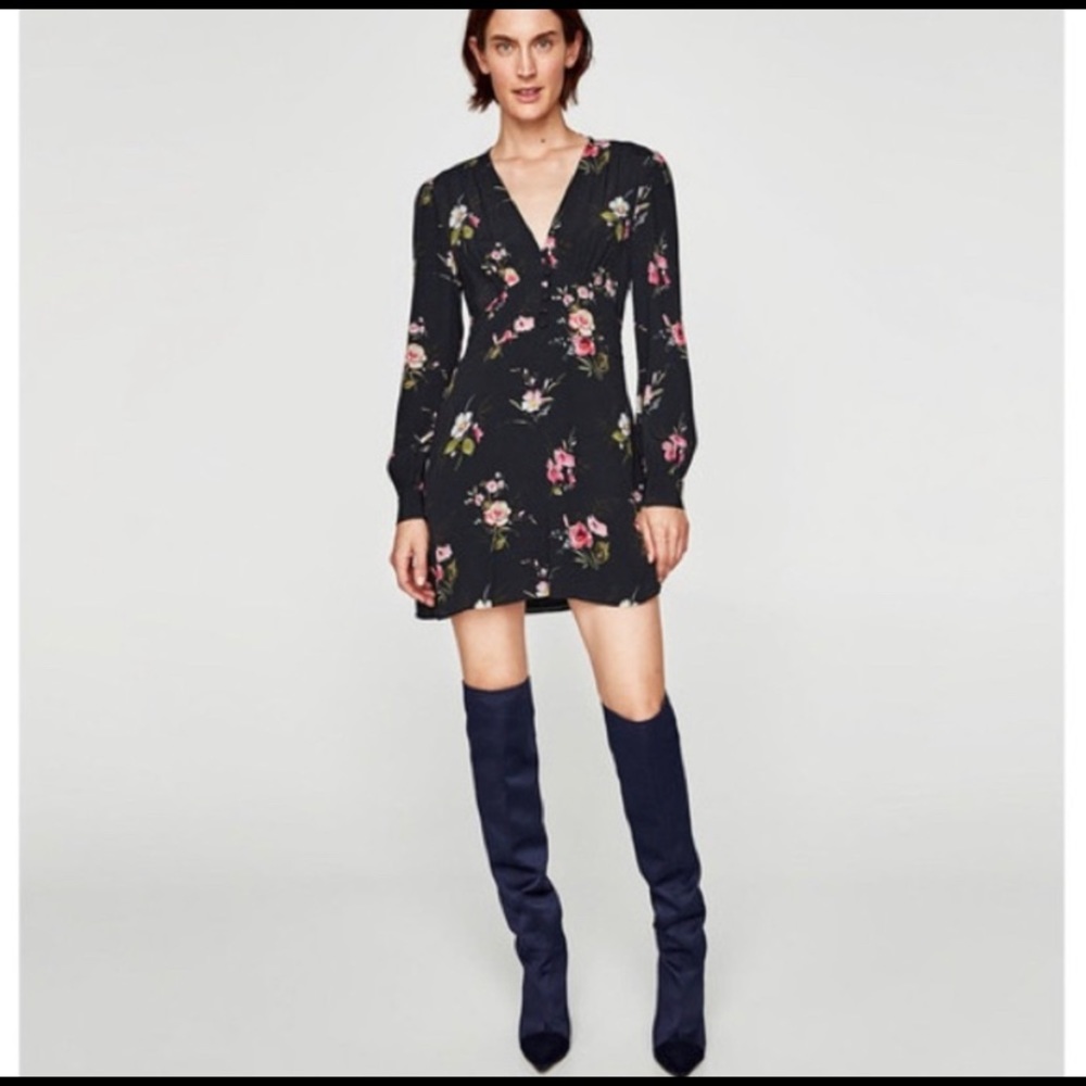 Zara Woman Long Sleeve Black Floral Mini Dress Small - Picture 2 of 11